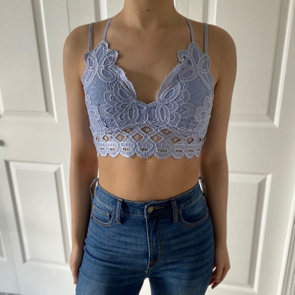 LACEY - Brunnera Purple Blue V Neck Criss Cross Back Lace Bralette - Picture 4 of 8